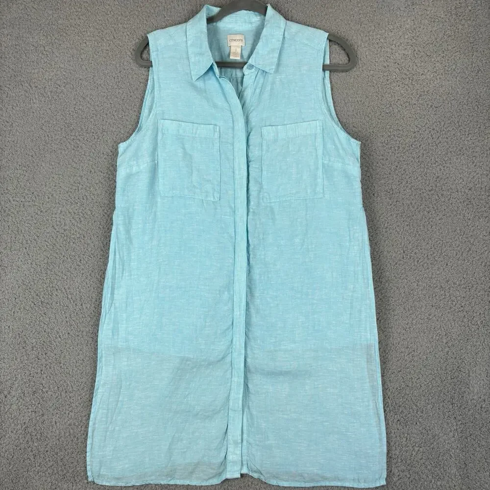 Chicos 100% Linen Tunic Dress Medium Aqua Beachy Coastal Resort Cruise Natural - Picture 1 of 12